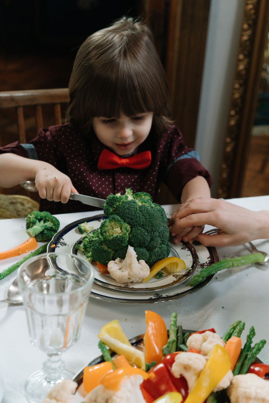 Young child at the dinner table looking doubtfully at a large piece of broccoli